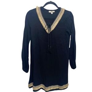 Ya Los Angeles Women's Black Long Sleeve Neck Tie Embroidered W/ Fringe Dress